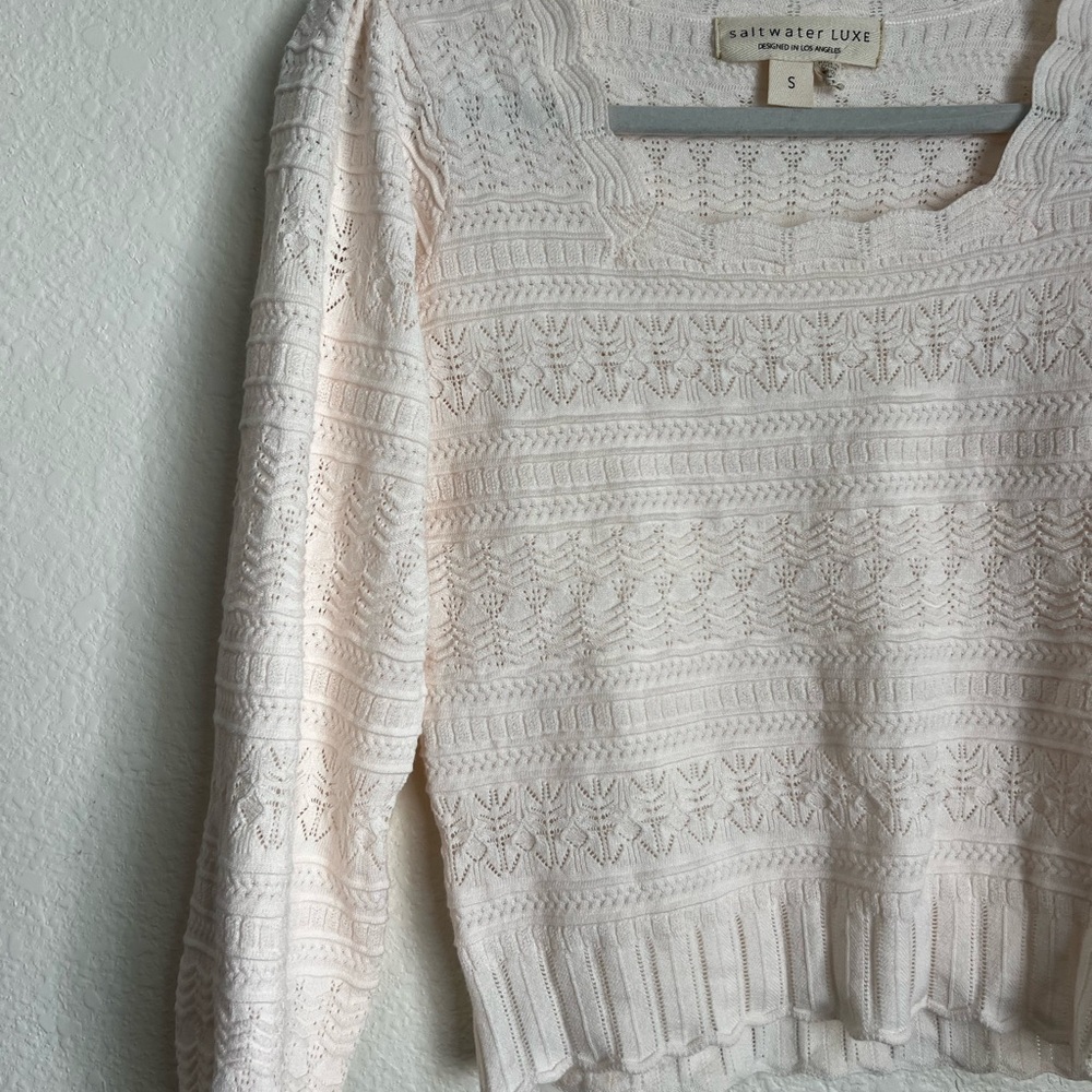 Saltwater luxe cream open knit blouse with a scoop neck and long sleeves - Picture 3 of 4